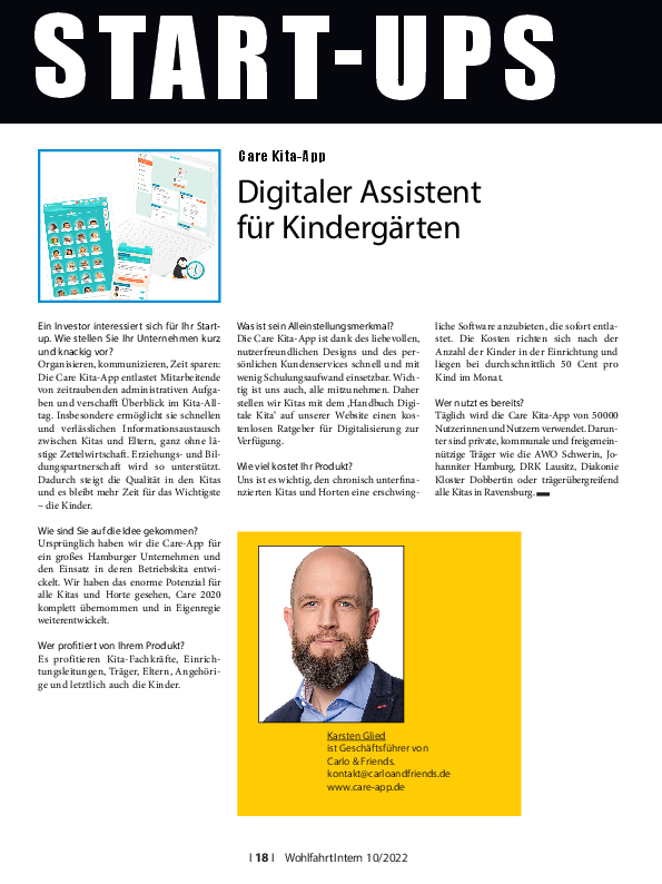 Interview Karsten Glied, Geschäftsführer der CARE Kita-App, in der Wohlfahrt Intern 10/2022