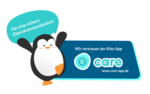 Blaue Grafik mit Pinguin und Sprechblase "Wir vertrauen der Kita-App CARE. Für eine sichere Elternkommunikation!"