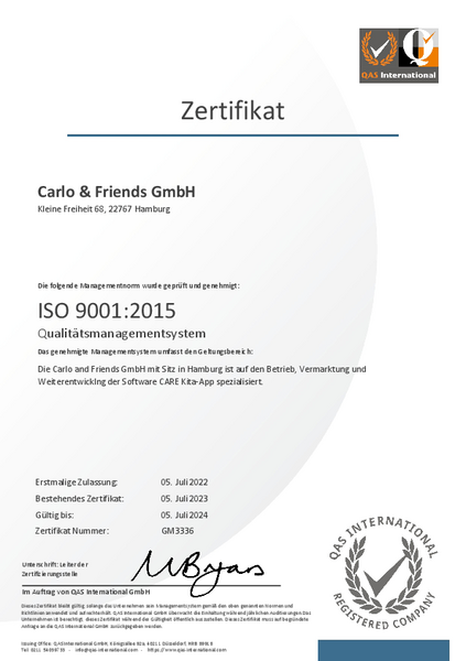 ISO-9001:2015 Zertifikat für die CARE Kita-App der Carlo & Friends GmbH