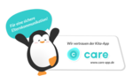 Weiße Grafik mit Pinguin und Sprechblase "Wir vertrauen der Kita-App CARE. Für eine sichere Elternkommunikation!"